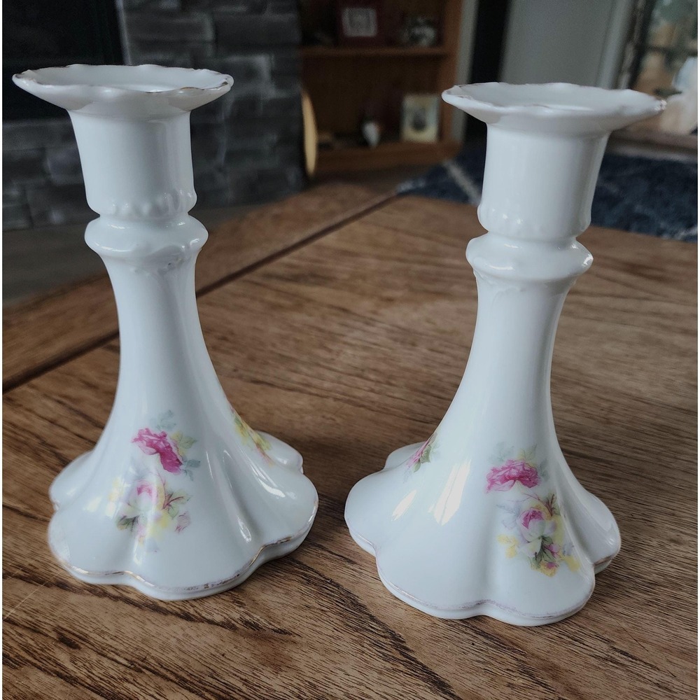 Bauer Pfeiffer Schorndorf Antique Porcelain Floral Candle Holders Germay 1904-34